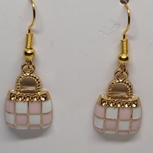 Chic Gold and Pink Checkered Earrings